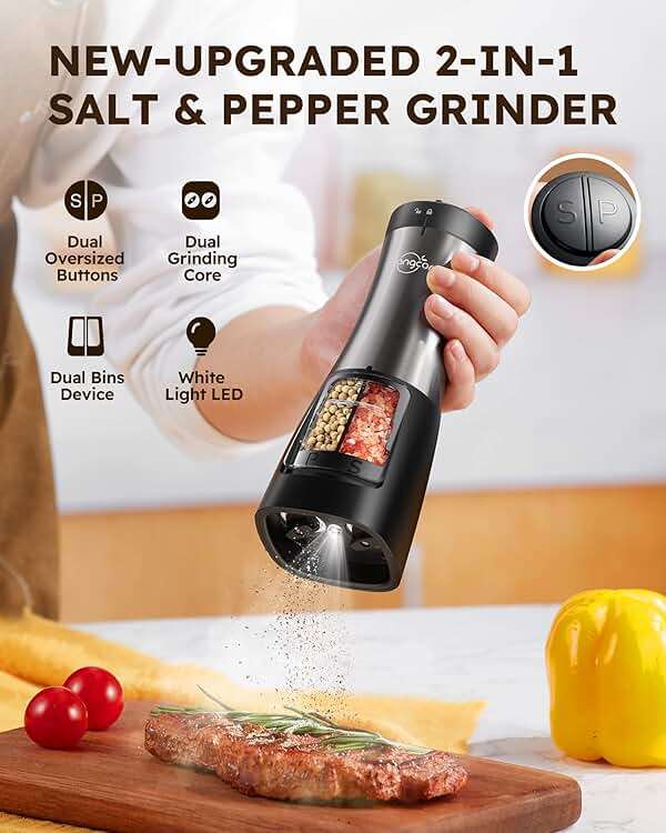 Sangcon 2-in-1 Electric Salt and Pepper Grinder, One Grinder for Two Seasonings, Automatic One-Handed Operation with Light, Adjustable Ceramic Mill, Refillable & Battery Powered - Image 4