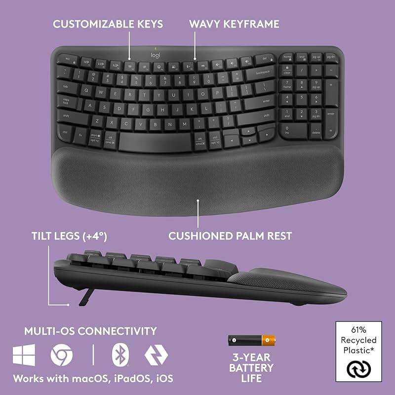 Logitech Wave Keys MK670 Combo, Wireless Ergonomic Keyboard with Signature M550 L Wireless Mouse, Comfortable Natural Typing, Bluetooth, Logi Bolt, for Multi-OS, Windows/Mac - Graphite - Image 6