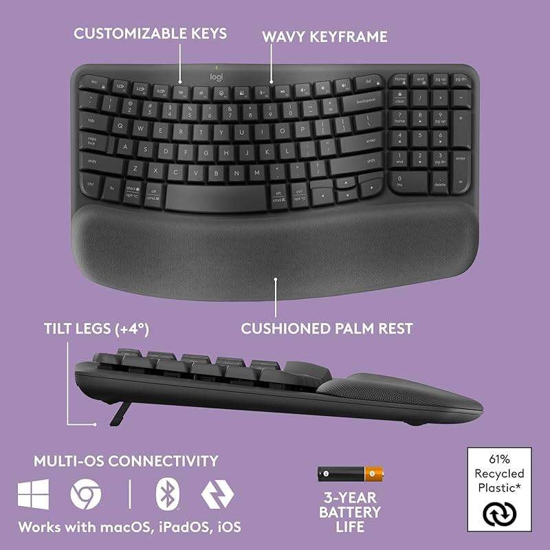 Logitech Wave Keys Wireless Ergonomic Keyboard with Cushioned Palm Rest, Comfortable Natural Typing, Easy-Switch, Bluetooth, Logi Bolt Receiver, for Multi-OS, Windows/Mac - Graphite - Image 7