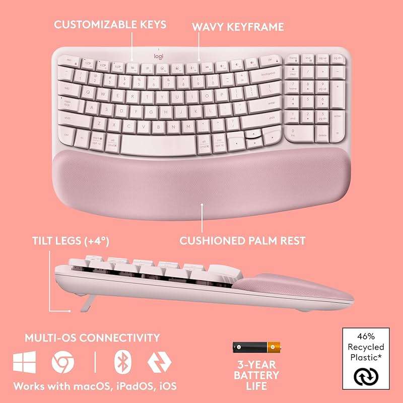 Logitech Wave Keys Wireless Ergonomic Keyboard with Cushioned Palm Rest, Comfortable Natural Typing, Easy-Switch, Bluetooth, Logi Bolt Receiver, for Multi-OS, Windows/Mac - Rose - Image 7