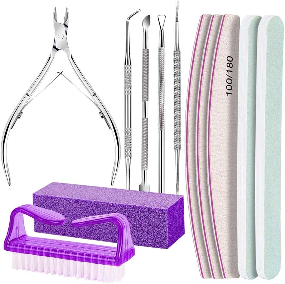 FANDAMEI Manicure and Pedicure Tools Kit, Manicure Kit, Nail Files 100/180, Nail Buffer Block, Nail Cuticle Nippers, Cuticle Pusher, Cuticle Peeler, Ingrown Toenail Tool, Toenail File, Purple - Image 1