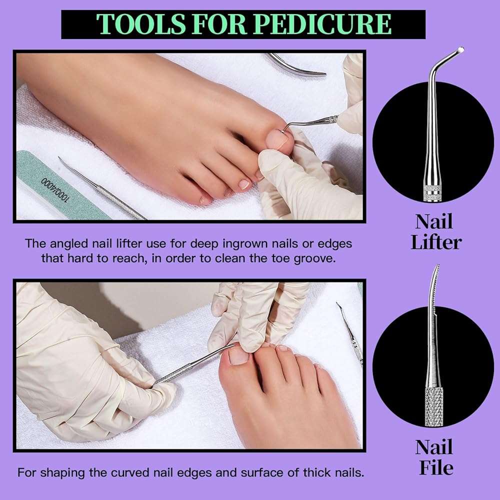 FANDAMEI Manicure and Pedicure Tools Kit, Manicure Kit, Nail Files 100/180, Nail Buffer Block, Nail Cuticle Nippers, Cuticle Pusher, Cuticle Peeler, Ingrown Toenail Tool, Toenail File, Purple - Image 5