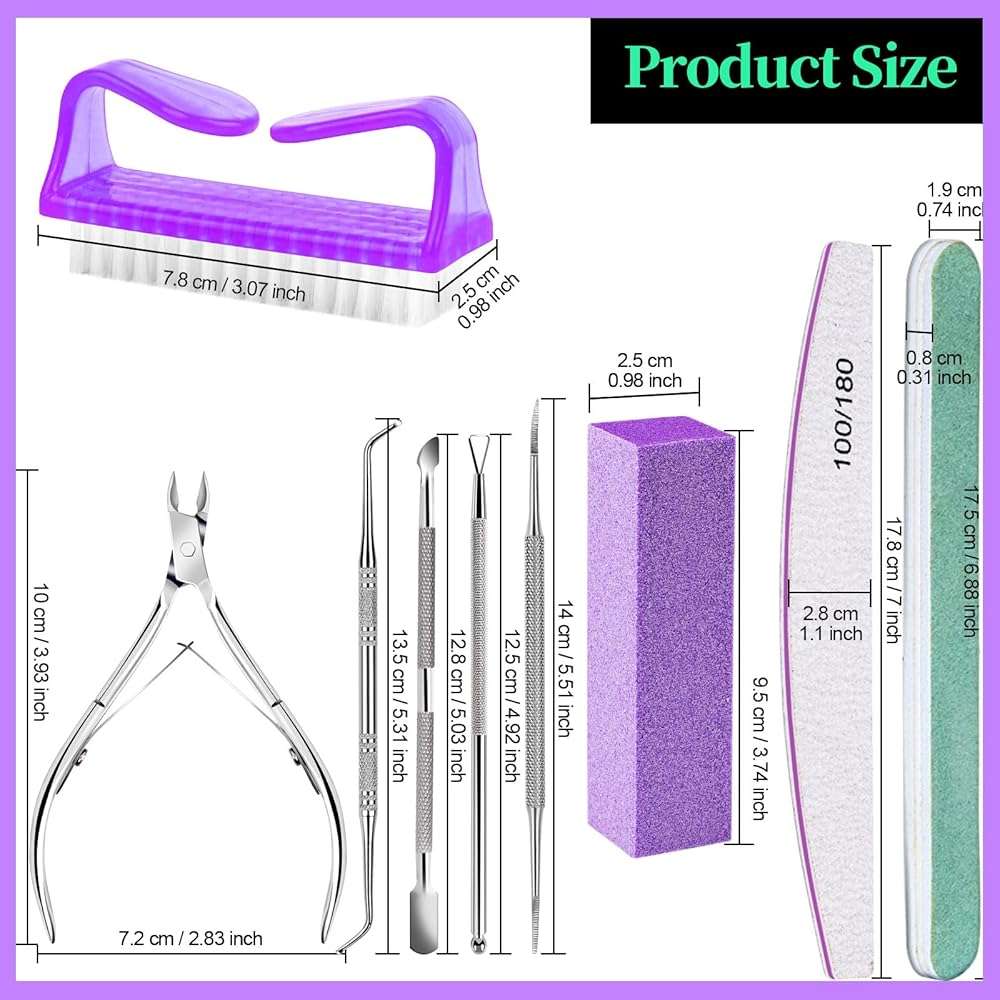 FANDAMEI Manicure and Pedicure Tools Kit, Manicure Kit, Nail Files 100/180, Nail Buffer Block, Nail Cuticle Nippers, Cuticle Pusher, Cuticle Peeler, Ingrown Toenail Tool, Toenail File, Purple - Image 7