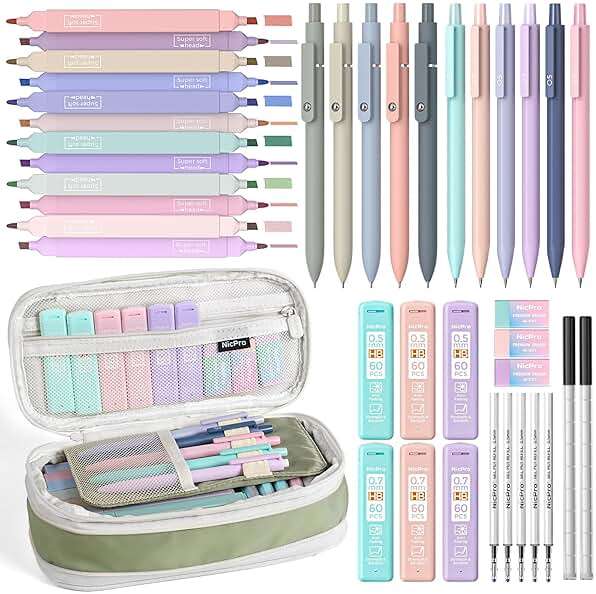 Nicpro 39 PCS Aesthetic School Supplies with Cute Pencil Case, 12 Color Pastel Highlighters, 5 Quick Dry Retractable Black Ink Pens, 6 Pastel Mechanical Pencil 0.5 & 0.7 mm for Student Stationary - Image 1