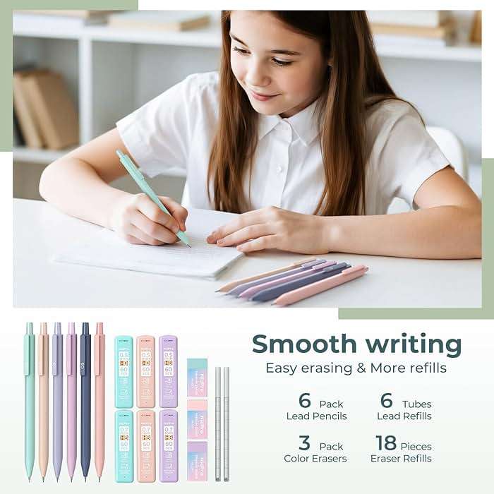 Nicpro 39 PCS Aesthetic School Supplies with Cute Pencil Case, 12 Color Pastel Highlighters, 5 Quick Dry Retractable Black Ink Pens, 6 Pastel Mechanical Pencil 0.5 & 0.7 mm for Student Stationary - Image 5