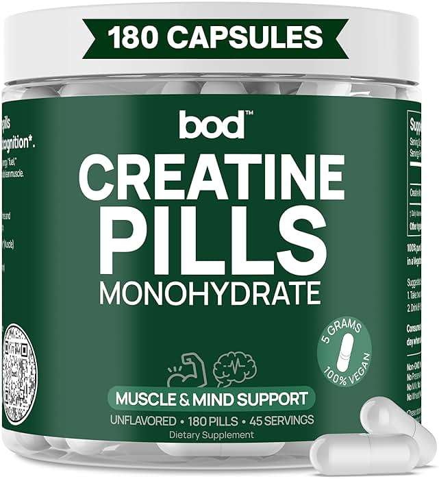 Bod Creatine Monohydrate Capsules – 45 Servings (4 Capsules = 5 g) – Ultra-Pure 200 Mesh Creatine Monohydrate – Strength, Power, Muscle Growth & Recovery - Image 1