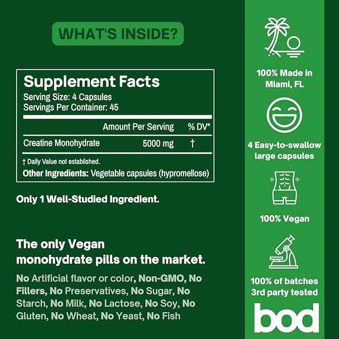 Bod Creatine Monohydrate Capsules – 45 Servings (4 Capsules = 5 g) – Ultra-Pure 200 Mesh Creatine Monohydrate – Strength, Power, Muscle Growth & Recovery - Image 3