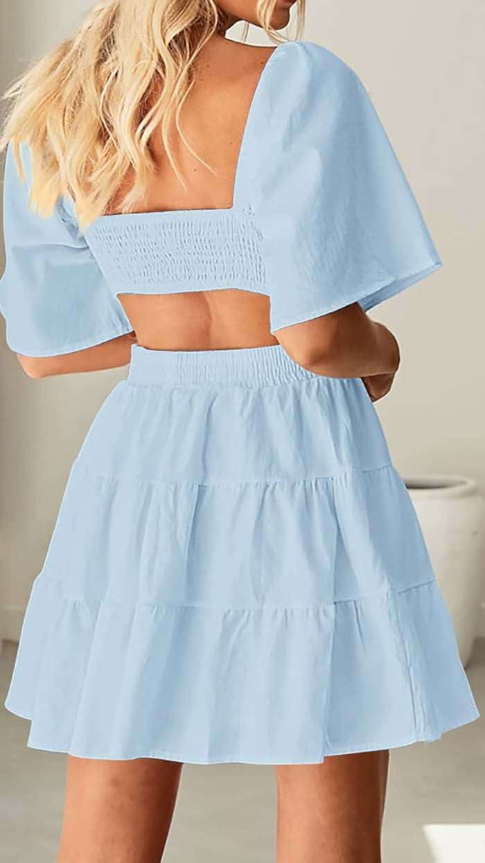 Wimsihal Women's Summer Dresses Square Neck Casual Short Sleeves Elastic Waist Party Mini Dress - Image 2
