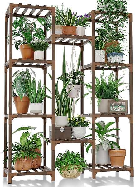 Bamworld Plant Stand Indoor Outdoor Tall Plant Shelf for Multiple Plants Pots Wood Flower Stand Large Flower Holder for Living Room, Patio, Balcony, Garden Decor, Brown - Image 1