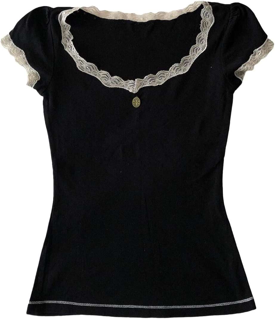 Womens E-Girls Short Sleeve T-Shirt Y2k Lace Trim Crop Tops Crewneck Fairy Grunge Tee Tops Aesthetic Summer Clothes - Image 1