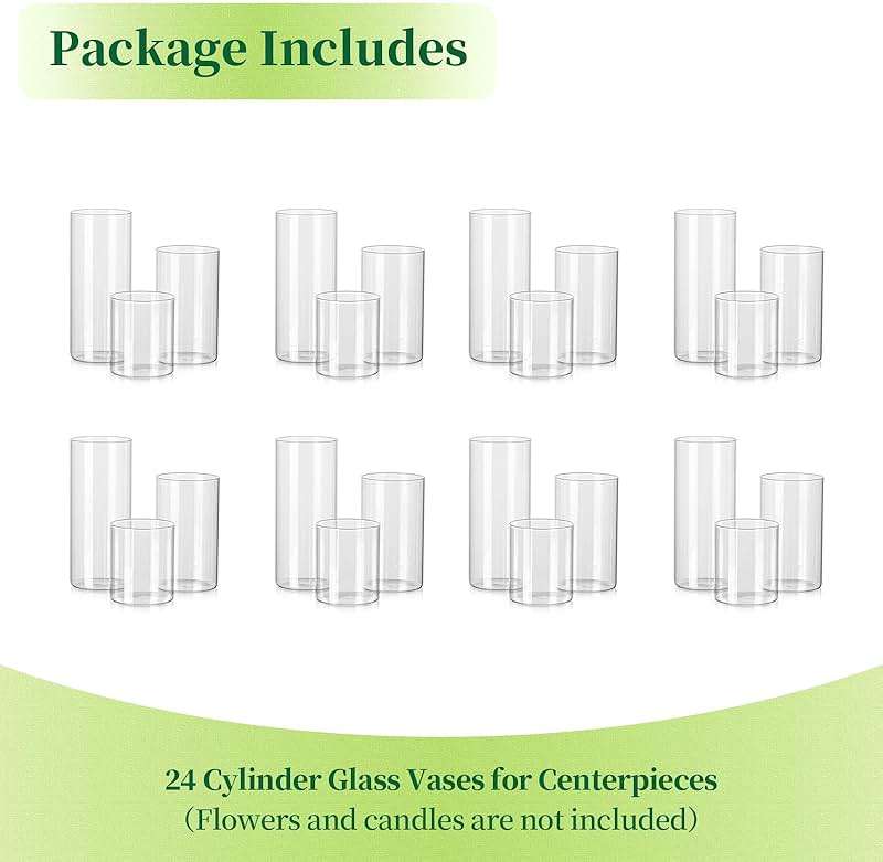 Glass Cylinder Vases Set of 24, Hewory Tall Clear Vase for Centerpieces, Glass Hurricane Candle Holders for Pillar Floating Candles, Round Vases for Wedding Events Table Decor, 2.6” in Diameter - Image 7