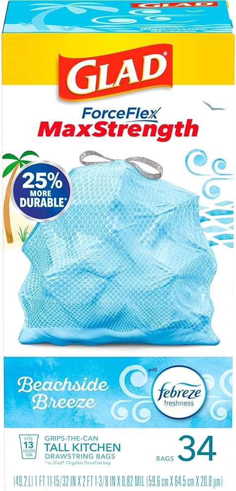 Glad Tall Kitchen Trash Bags 13 Gallon, MaxStrength Beachside Breeze Garbage Bags, Odorshield with Drawstring, 34 Count - Image 10