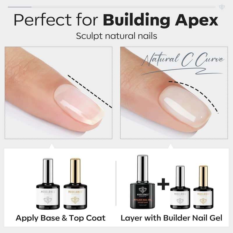 modelones Builder Nail Gel with Gel Top Coat, 3Pcs Clear Builder Nail Kit for Thickening Apex Building Extension Rhinestone Gel Tips Glue, U/V LED Lamp Cured for Home DIY Salon Girls - Image 4