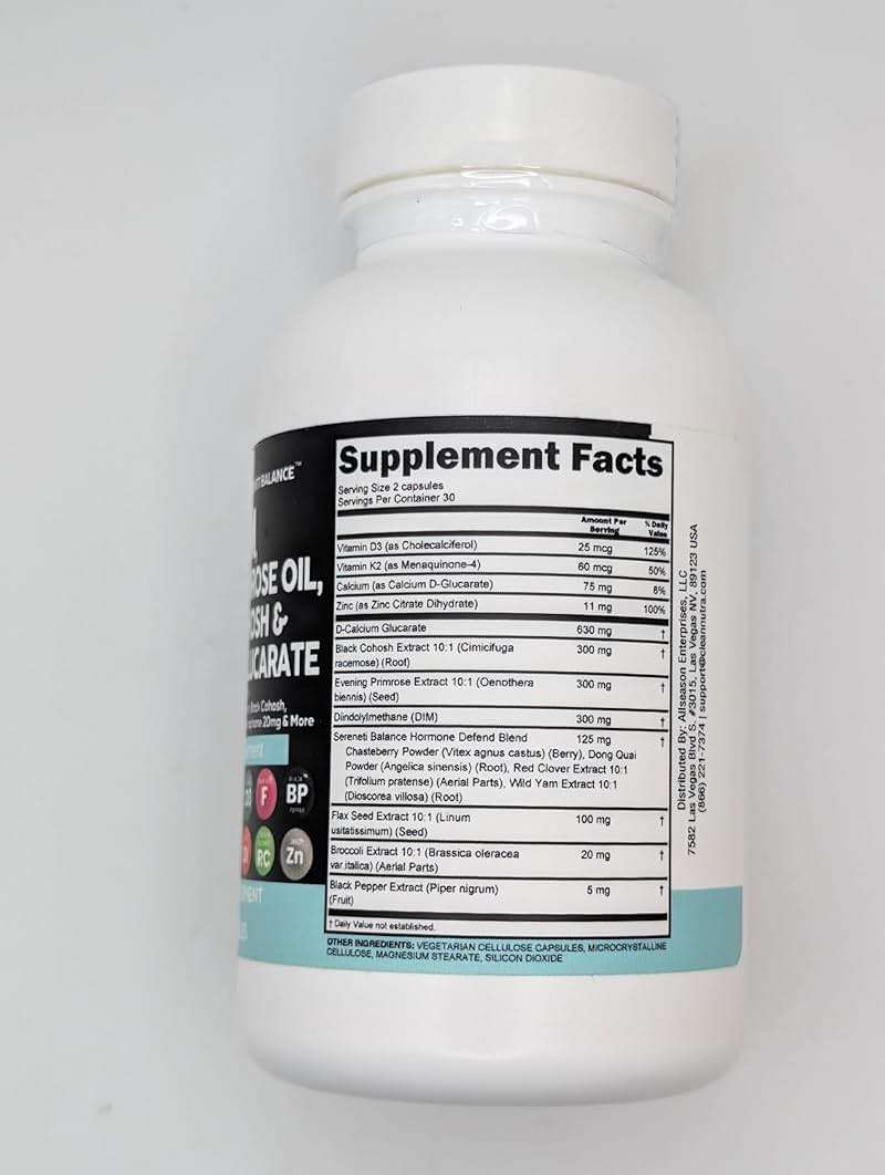 Clean Nutraceuticals DIM Evening Primrose Black Cohosh Calcium D-Glucarate Sulforaphane Flax Seed Extract - Hormonal Support Vitamins for Women with Dong Quai - 60 Caps - Image 3
