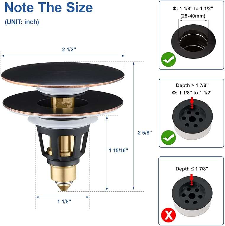 PerPaiMe Universal 3-in-1 Bathroom Sink Stopper - Pop Up Sink Drain Stopper, Push Button Sink Drain Stopper Replacement, Wash Basin Drain Filter Plug with Anti-Clogging Strainer, Oil Rubbed Bronze - Image 3
