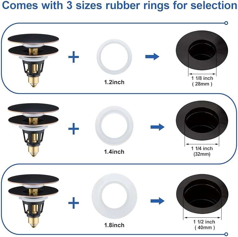 PerPaiMe Universal 3-in-1 Bathroom Sink Stopper - Pop Up Sink Drain Stopper, Push Button Sink Drain Stopper Replacement, Wash Basin Drain Filter Plug with Anti-Clogging Strainer, Oil Rubbed Bronze - Image 4