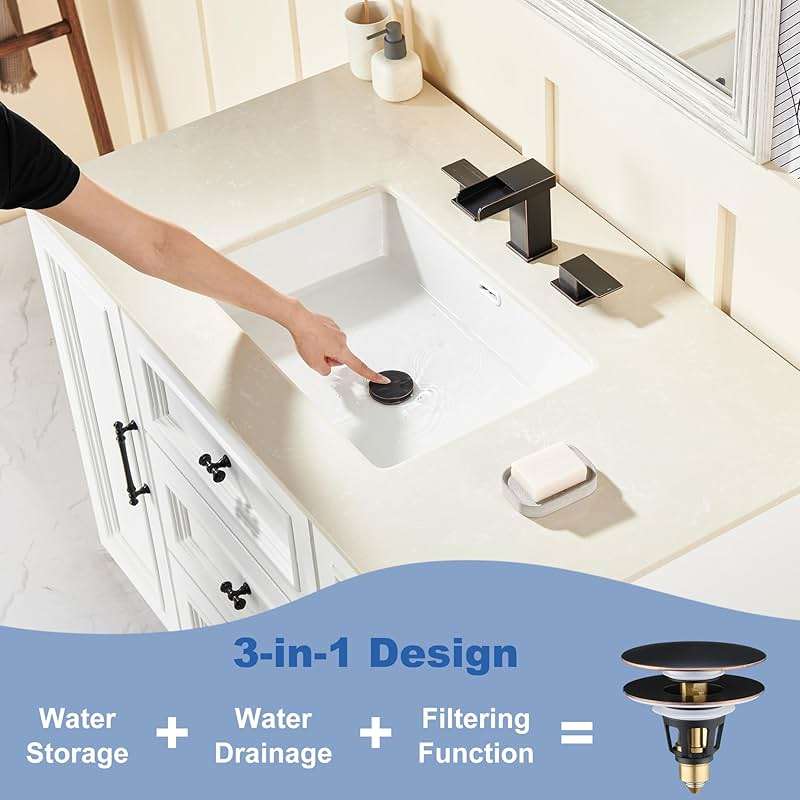 PerPaiMe Universal 3-in-1 Bathroom Sink Stopper - Pop Up Sink Drain Stopper, Push Button Sink Drain Stopper Replacement, Wash Basin Drain Filter Plug with Anti-Clogging Strainer, Oil Rubbed Bronze - Image 6