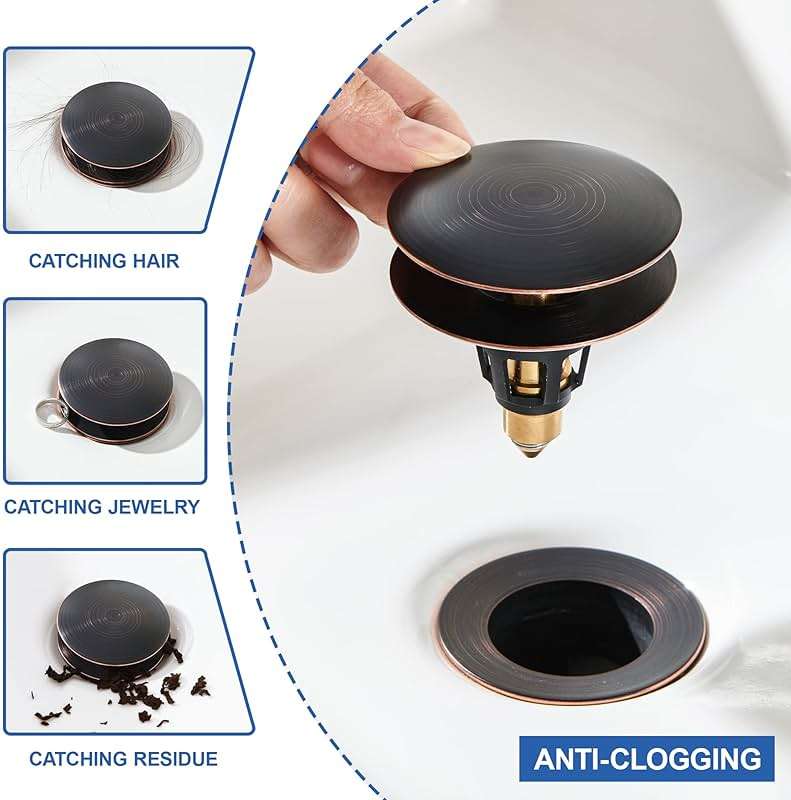 PerPaiMe Universal 3-in-1 Bathroom Sink Stopper - Pop Up Sink Drain Stopper, Push Button Sink Drain Stopper Replacement, Wash Basin Drain Filter Plug with Anti-Clogging Strainer, Oil Rubbed Bronze - Image 7