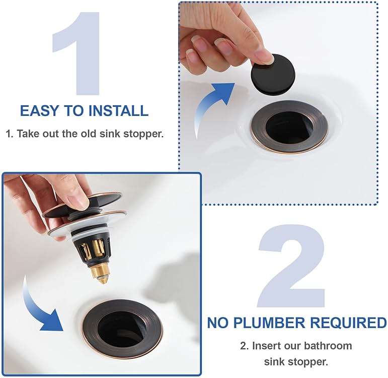 PerPaiMe Universal 3-in-1 Bathroom Sink Stopper - Pop Up Sink Drain Stopper, Push Button Sink Drain Stopper Replacement, Wash Basin Drain Filter Plug with Anti-Clogging Strainer, Oil Rubbed Bronze - Image 8