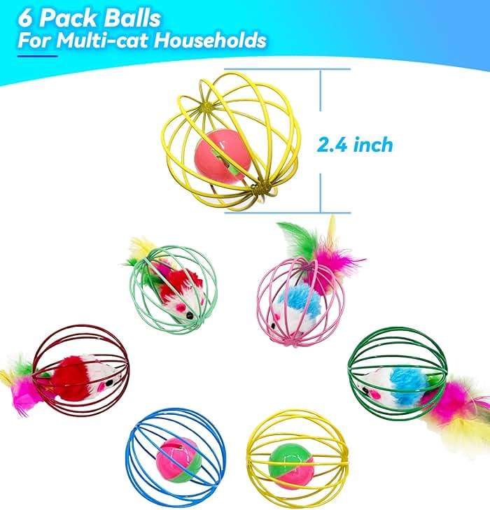 QUVOVID Cat Toys 6 Packs Cat Ball Toys for Indoor Cats and Kittens, Metal Cage Balls with Mice & Bells, Interactive Cat Toys Bell Balls, Mouse Toys, Kitten Toys Promote Physical Exercise - Image 2