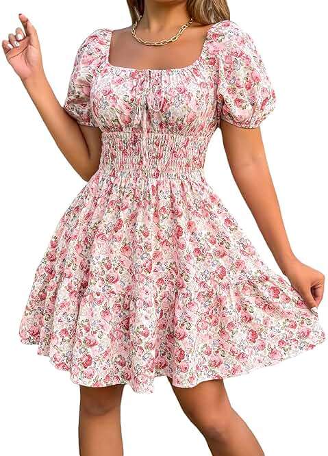 Floerns Women's Boho Square Neck Puff Short Sleeve Self Tie Front A Line Dress - Image 1
