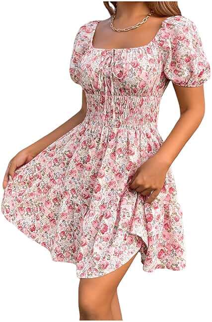 Floerns Women's Boho Square Neck Puff Short Sleeve Self Tie Front A Line Dress - Image 3