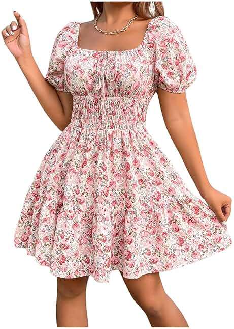 Floerns Women's Boho Square Neck Puff Short Sleeve Self Tie Front A Line Dress - Image 4