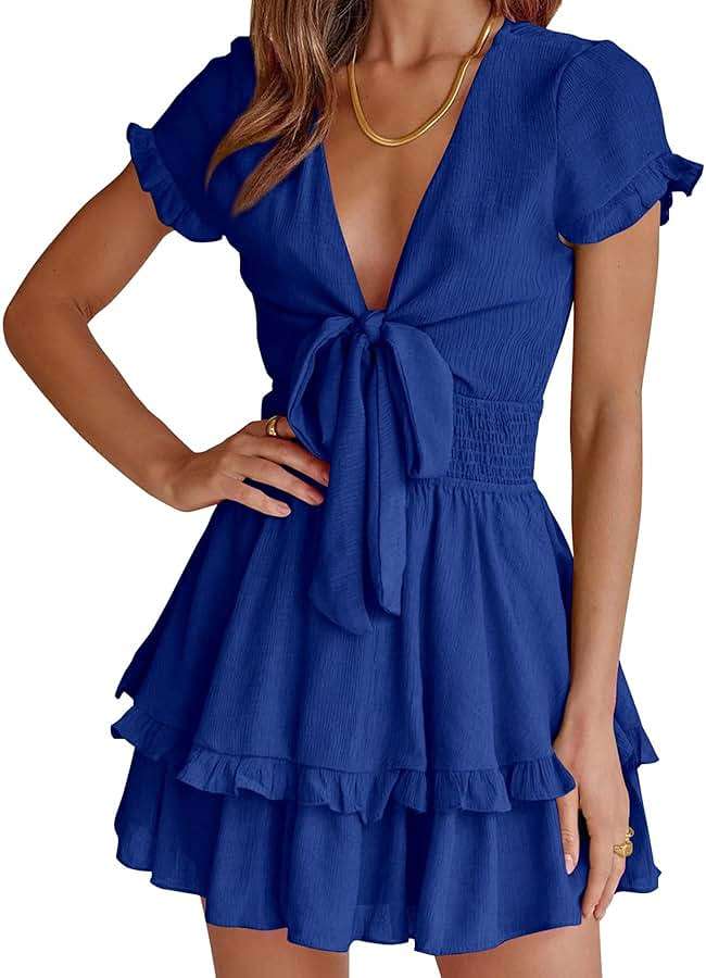 PRETTYGARDEN Women Summer Short Dress 2026 Casual V Neck Short Sleeve Tiered Bow Mini Sun Dresses Beach Vacation Sundress - Image 2