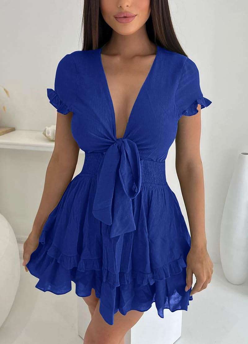 PRETTYGARDEN Women Summer Short Dress 2026 Casual V Neck Short Sleeve Tiered Bow Mini Sun Dresses Beach Vacation Sundress - Image 7