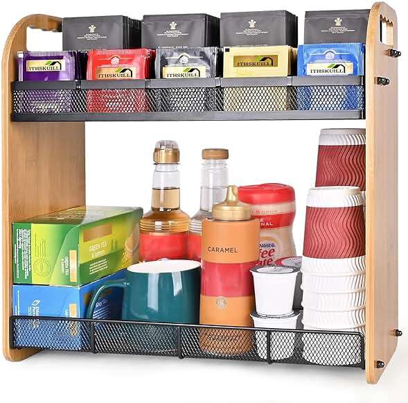 ITHSKUILL Tea Bag Organizer, Large Capacity Tea Organizer for Tea Bags, Bamboo Multi-functional Storage Coffee Bar Accessories for Home Office Kitchen Counter Cabinet Pantry Organizer - Image 1