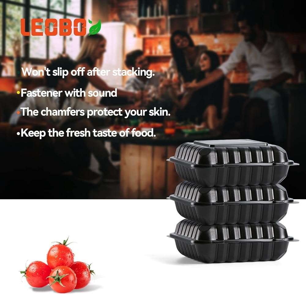 LEOBOX 8 Inch 34oz 55-Pack Black To Go Boxes - Shrink Wrapped No Pre-Wash | BPA Free Sturdy Reusable & Elegant | Microwave Safe for Hot Meals, Leftovers & Events | Disposable Takeout Food Containers - Image 6