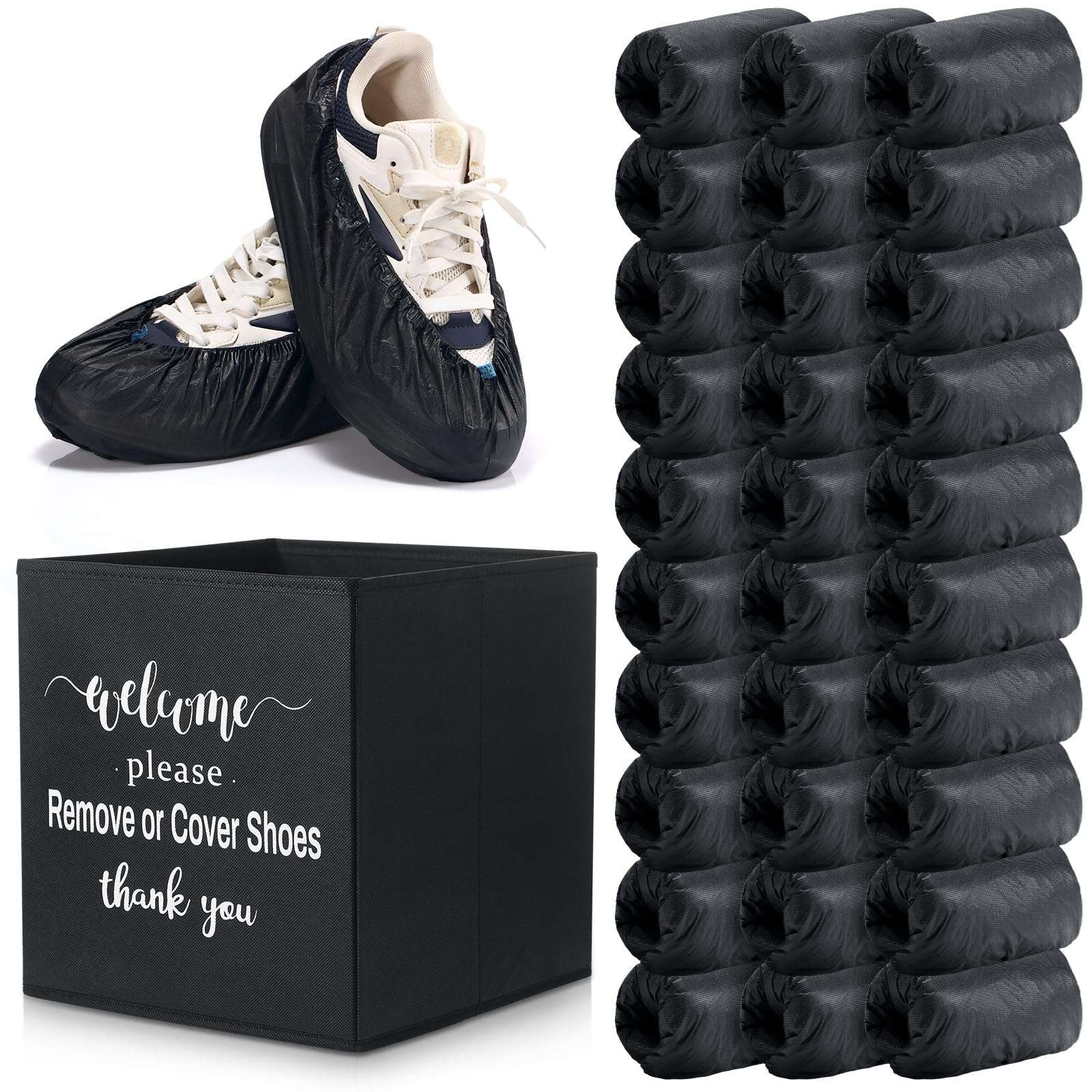 Unittype 300 Pcs Black Disposable Waterproof Shoe Covers with 1 Pcs Indoor Foldable Storage Box Welcome Please Remove or Cover Shoes Sign for House, Fits up to Size 11 Us Men and 13 Us Women - Image 1