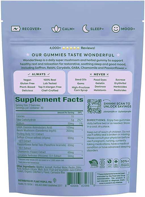 Plant People WonderSleep Mushroom Gummies Supplement for Sleep, No Melatonin Sleep Gummies with Reishi Mushroom, Saffron & Chamomile, Wild Elderberry Flavor, Sugar-Free (60 Count) - Image 11