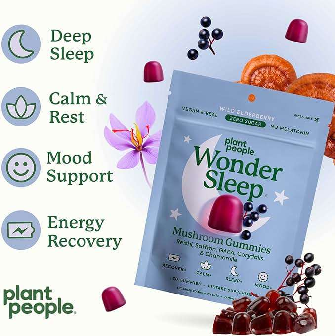 Plant People WonderSleep Mushroom Gummies Supplement for Sleep, No Melatonin Sleep Gummies with Reishi Mushroom, Saffron & Chamomile, Wild Elderberry Flavor, Sugar-Free (60 Count) - Image 6