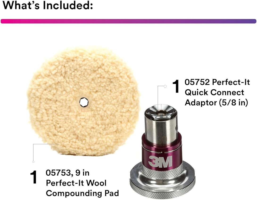 3M Perfect-It Wool Compounding Pad, 05753, 9 in, Fast Cutting, Polishing Pad + 3M Perfect-It Quick Connect Adaptor, 05752, 5/8 in for Automotives, Professional-Grade Finish - Image 2
