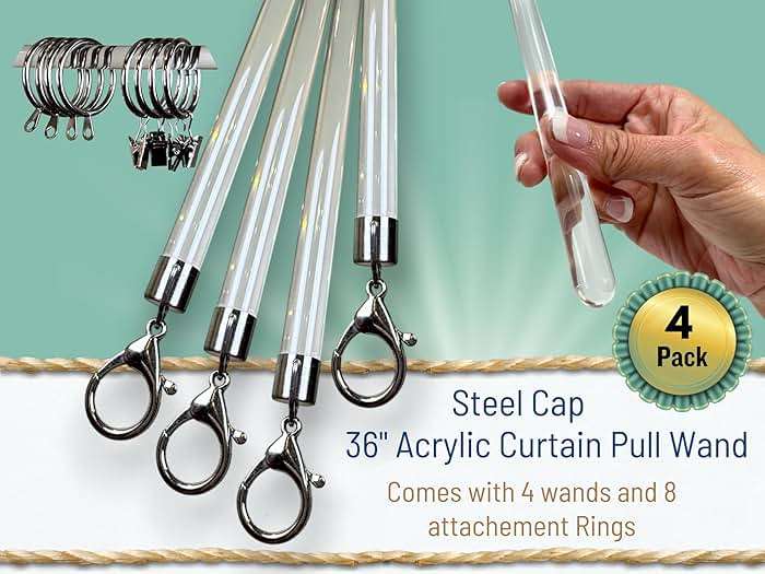 OooWow 36 inch (4 Pack) Steel Cap Round Base Acrylic Curtain Pull Wand - Clear Curtain Wand - Invisible Drapery Wand - Drapery Pull Rod (36 Inch) - Image 2