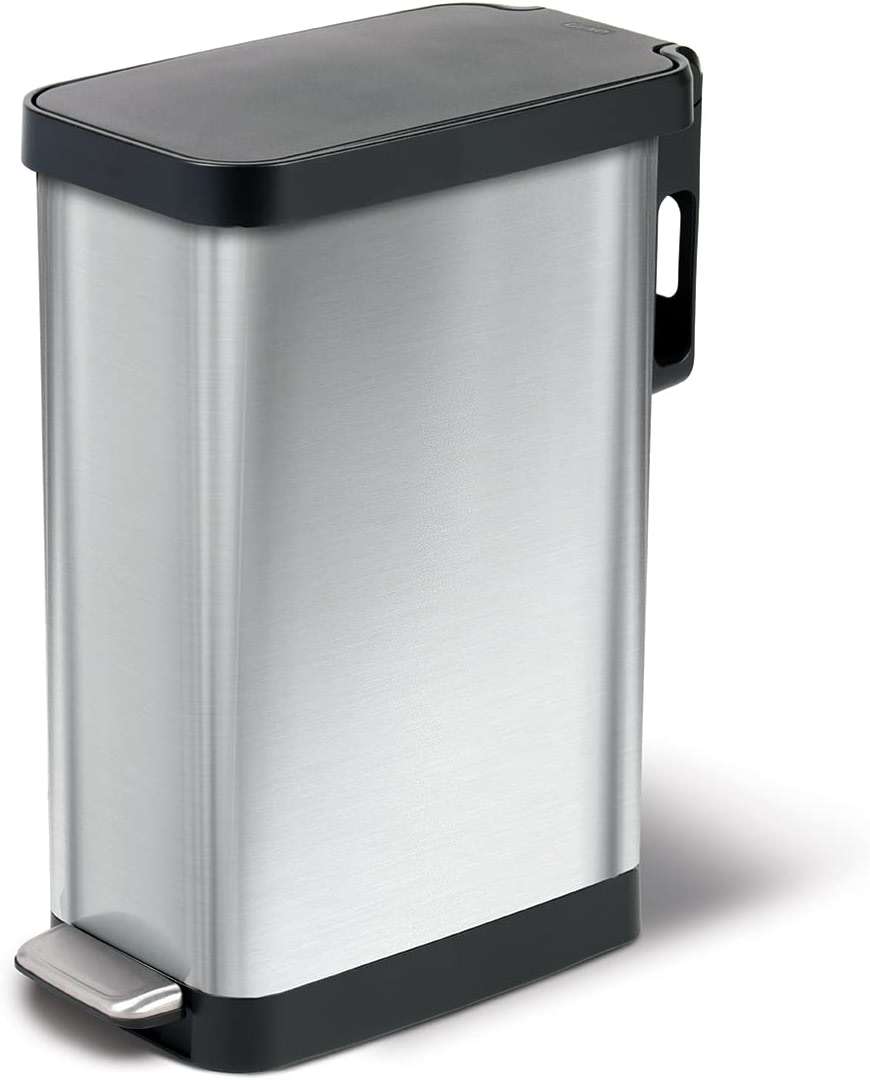 Glad Slim Trash Can with Clorox Odor Protection - Narrow Kitchen Garbage Bin with Soft Close Lid, Step On Foot Pedal and Waste Bag Roll Holder, Stainless Steel, 12 Gallon/45 Liter - Image 1