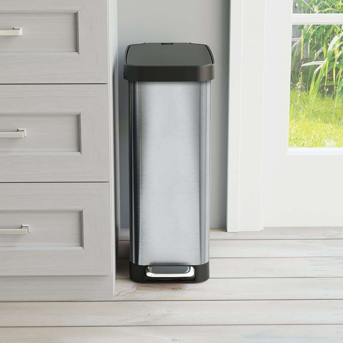 Glad Slim Trash Can with Clorox Odor Protection - Narrow Kitchen Garbage Bin with Soft Close Lid, Step On Foot Pedal and Waste Bag Roll Holder, Stainless Steel, 12 Gallon/45 Liter - Image 2