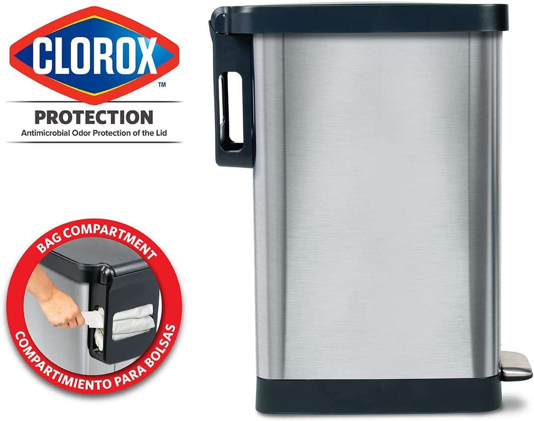Glad Slim Trash Can with Clorox Odor Protection - Narrow Kitchen Garbage Bin with Soft Close Lid, Step On Foot Pedal and Waste Bag Roll Holder, Stainless Steel, 12 Gallon/45 Liter - Image 4