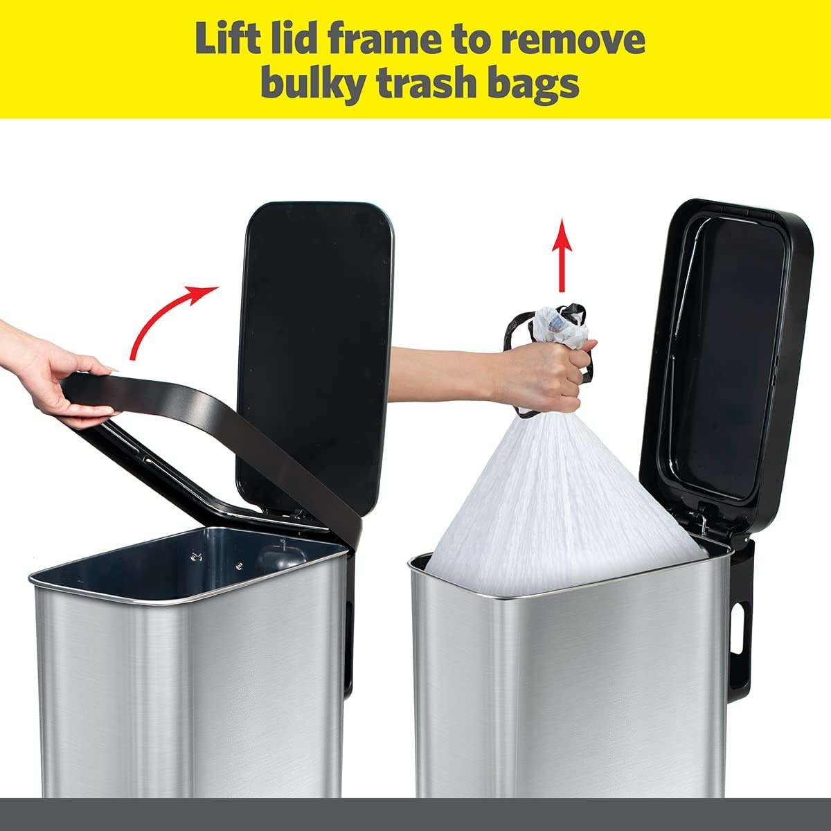 Glad Slim Trash Can with Clorox Odor Protection - Narrow Kitchen Garbage Bin with Soft Close Lid, Step On Foot Pedal and Waste Bag Roll Holder, Stainless Steel, 12 Gallon/45 Liter - Image 5