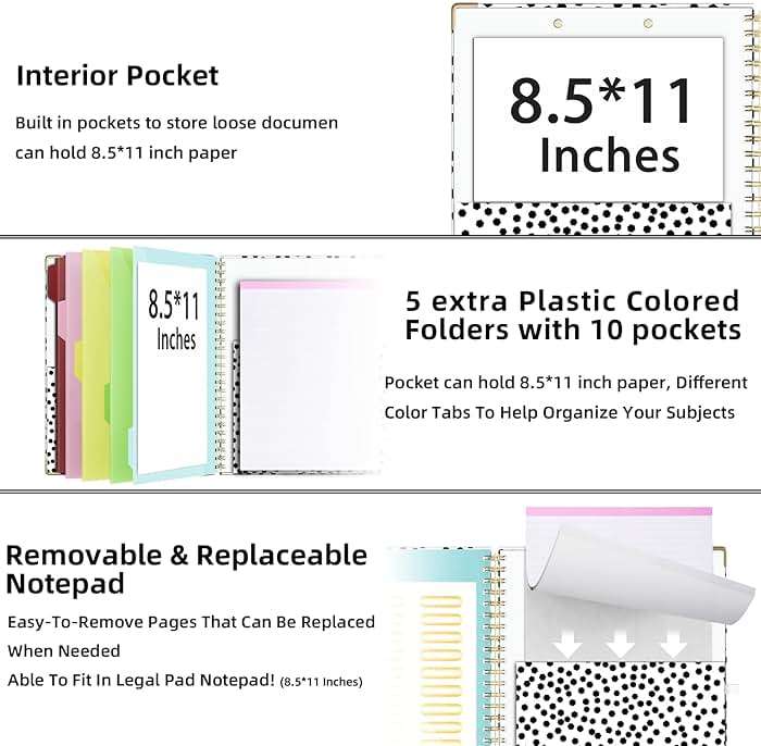 Ospelelf Clipboard with Storage 8.5 X 11,Padfolio Organizer, Spiral Portfolio Letter Size with Notepad, Pen Holder, 5 Extra Folder Divider Pages, Elastic Closure Nurse Office Essentials (Polka Dots) - Image 4