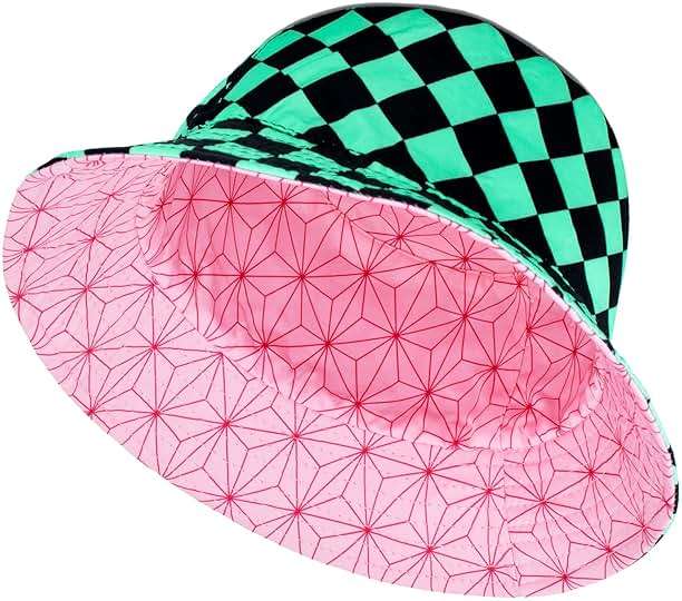 Roffatide Anime Bucket Hat Kamado Tanjirou Kamado Nezuko Bucket Hat All Over Print Fishing Hat Reversible Double Side Wear Fishing Hat Green/Pink - Image 1