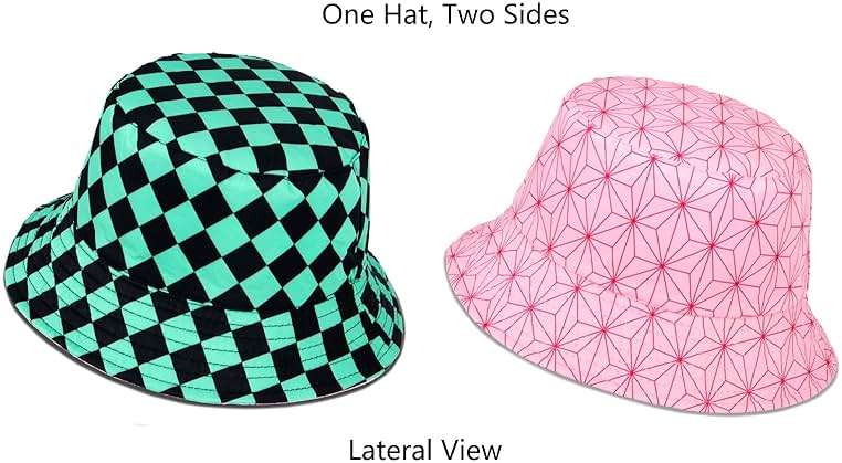 Roffatide Anime Bucket Hat Kamado Tanjirou Kamado Nezuko Bucket Hat All Over Print Fishing Hat Reversible Double Side Wear Fishing Hat Green/Pink - Image 4