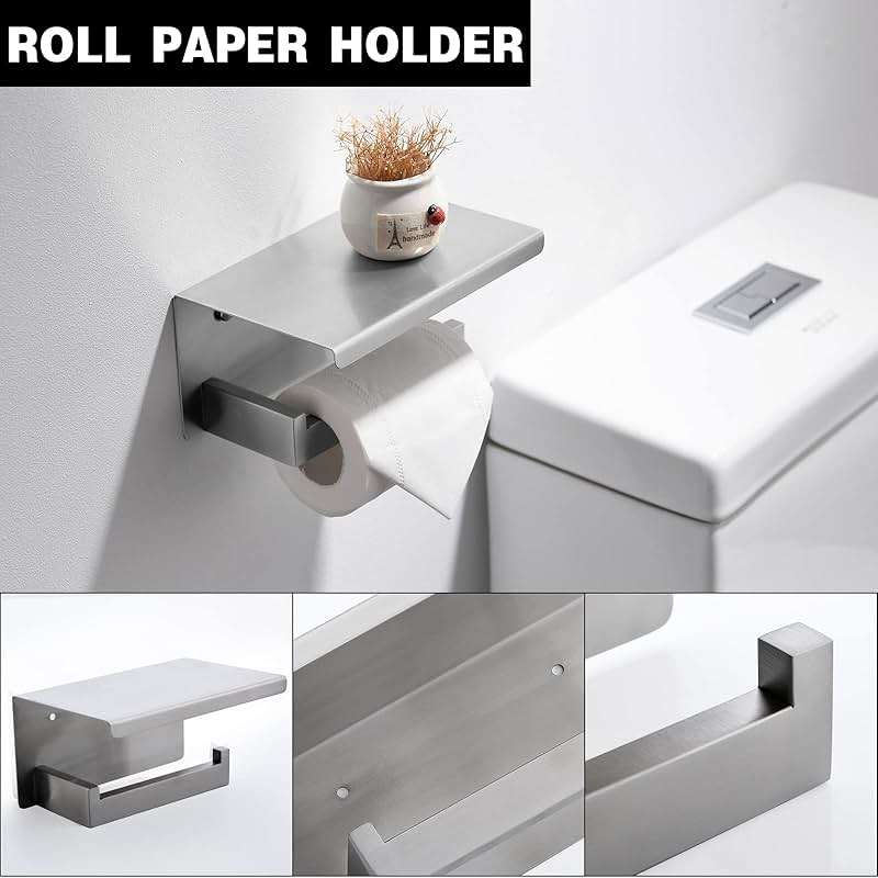 Brushed Nickel Bathroom Towel Bar Set Bathroom Accessories Hardware Set Including Towel Bar Towel Ring Coat Hook and Toilet Paper Holder with Shelf. Wall Mounted Stainless Steel - Image 5