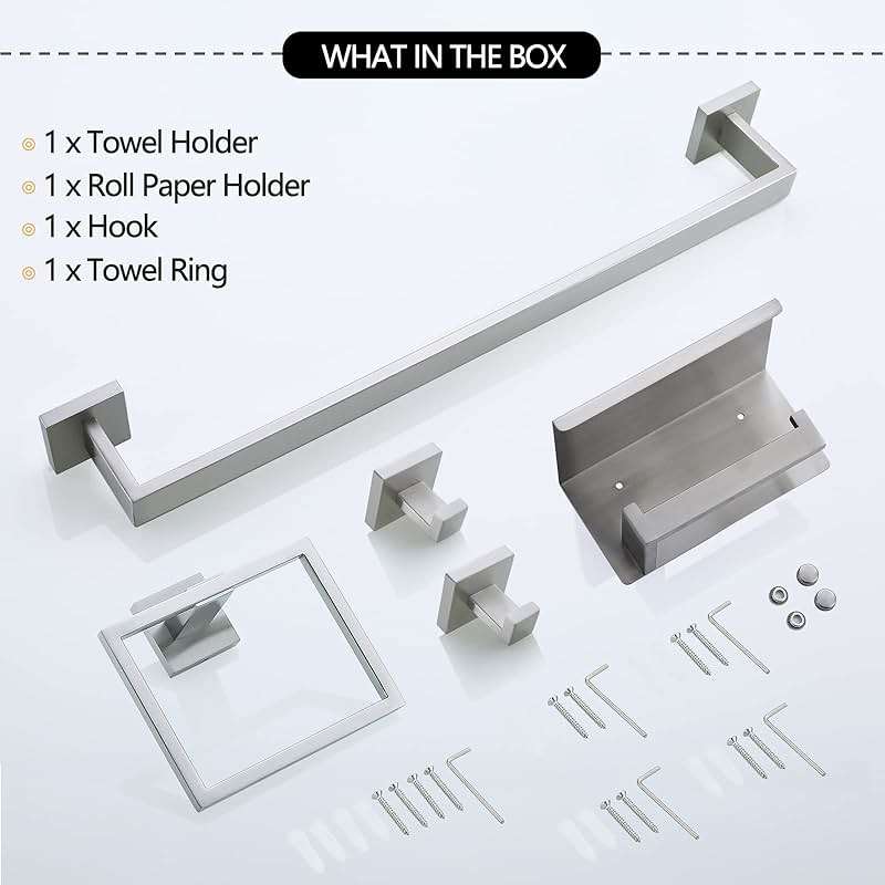 Brushed Nickel Bathroom Towel Bar Set Bathroom Accessories Hardware Set Including Towel Bar Towel Ring Coat Hook and Toilet Paper Holder with Shelf. Wall Mounted Stainless Steel - Image 7