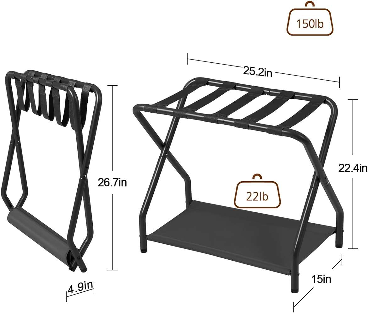 AMHANCIBLE Luggage Rack, Set of 2, Foldable Suitcase Stands for Guest Room, Metal Luggage Holder with Storage Shelf for Bedroom, Hotel, Easy Assemble, Black HLR02BK - Image 3