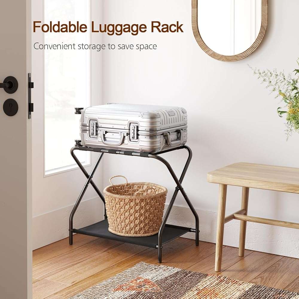 AMHANCIBLE Luggage Rack, Set of 2, Foldable Suitcase Stands for Guest Room, Metal Luggage Holder with Storage Shelf for Bedroom, Hotel, Easy Assemble, Black HLR02BK - Image 4