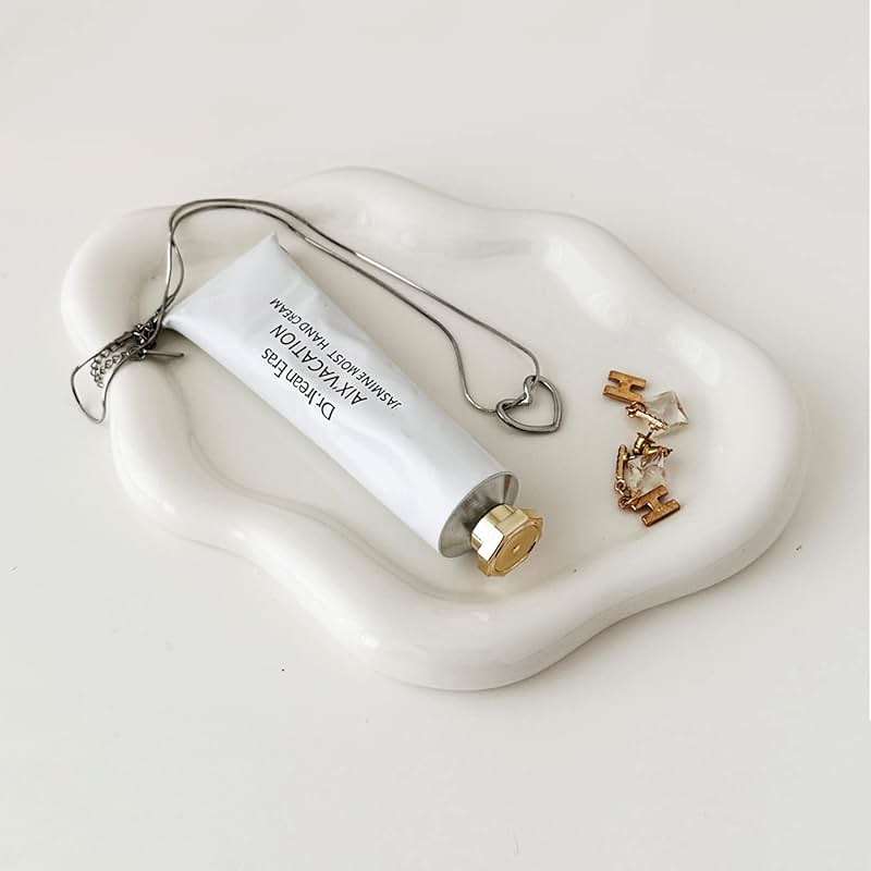MDFAYE Jewelry Dish Trinket Tray for Women, Ring Dish Holder, Unique Cloud Shape Ceramic Plate Cute Things Vanity Aesthetic Room Decor Mother's Day Birthday (White) - Image 1