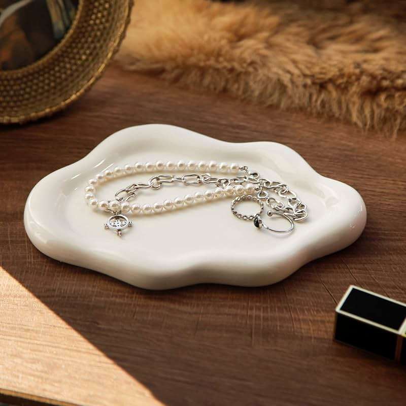 MDFAYE Jewelry Dish Trinket Tray for Women, Ring Dish Holder, Unique Cloud Shape Ceramic Plate Cute Things Vanity Aesthetic Room Decor Mother's Day Birthday (White) - Image 7