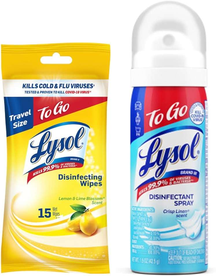 Lysol To Go Bundle - 1.5 Ounce Crisp Linen Disinfectant Spray and Lemon Lime Disinfecting Wipes Flat Pack - Image 1